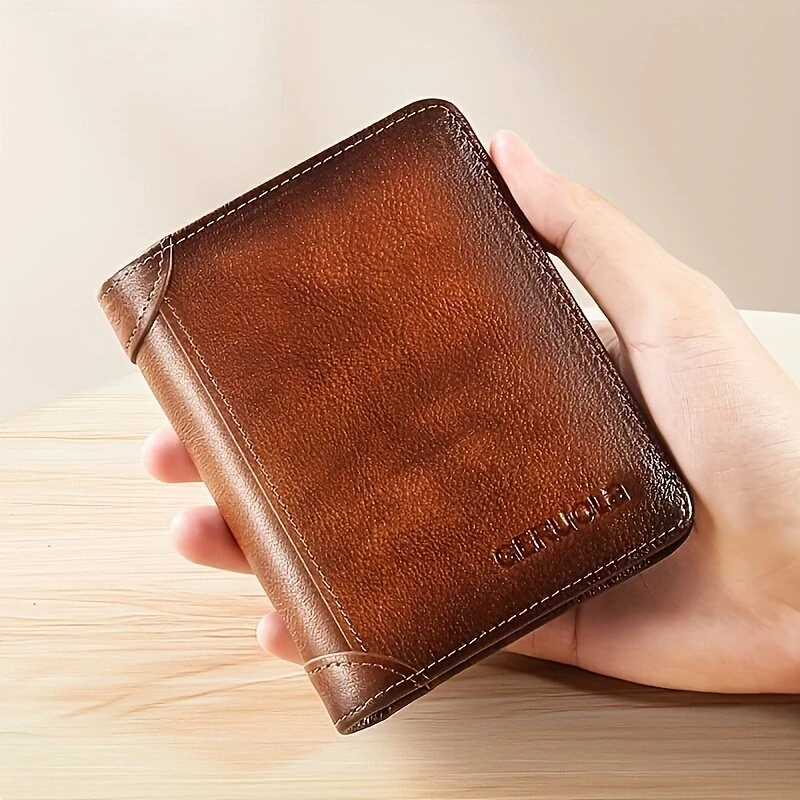 (image for) Ekphero Men's Wallet Genuine Leather RFID Blocking Short Wallet Vintage Thin Multi Function ID Credit Card Holder Flip-flop Male Money Purse